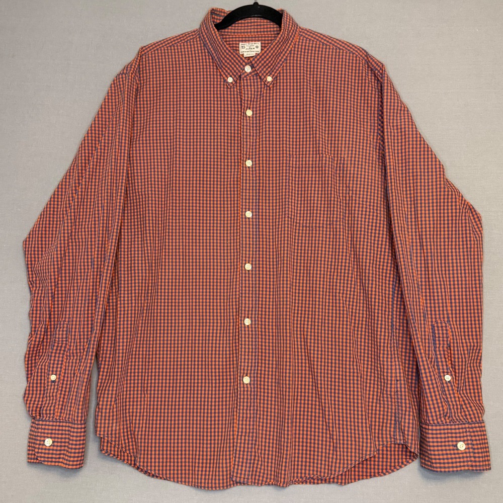 J.Crew Mens XL Orange Navy Blue Gingham Check Cotton Button Down Shirt LS